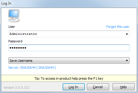 Log In dialog.  User: Administrator.  Password: ******.